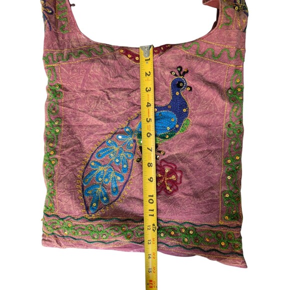 READ Boho Embroidered Peacock Crossbody Bag Red Floral Sequin Hippie Purse - Picture 9 of 10